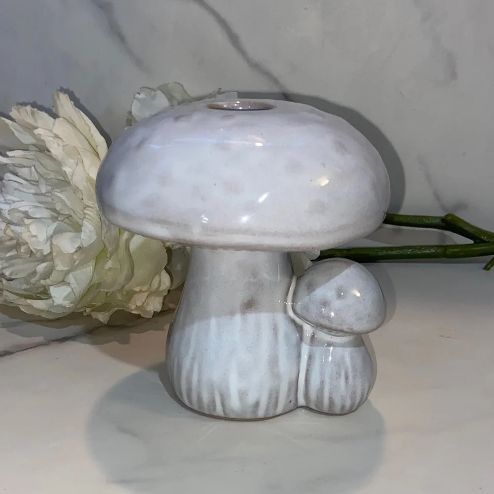 Ceramic Mushroom Sculpture Candle Holder- White and Gray